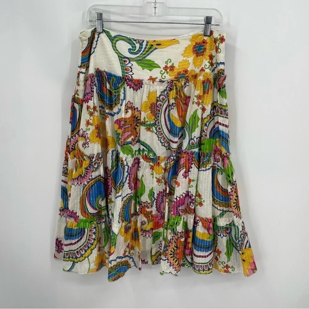 Trina Turk Tiered Skirt Floral Print Silver Pinstripes Size 10 multi color‎